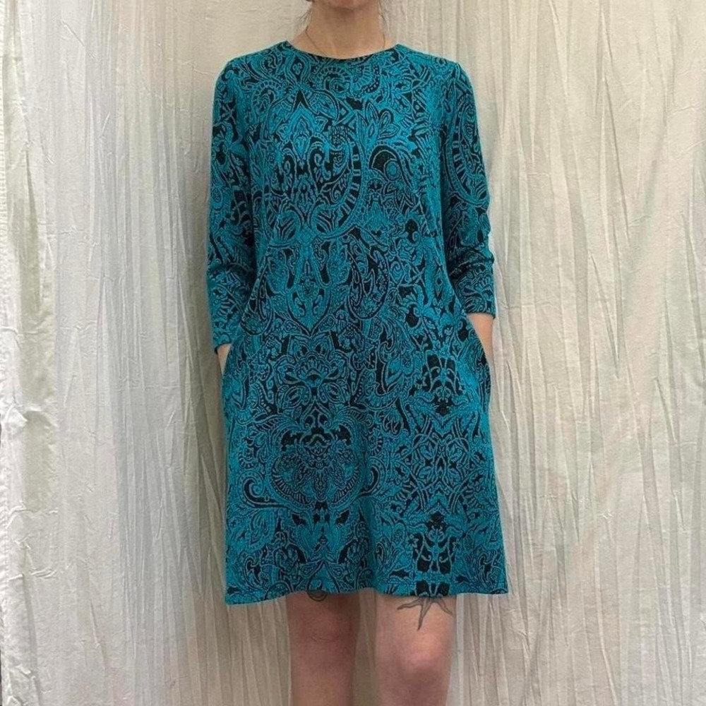 Blue and Black Paisley Print Dress with Pockets A-Line‎ MSK Small Boho